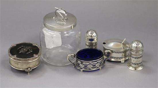A group of small silver including a silver and tortoiseshell trinket box and condiments etc.